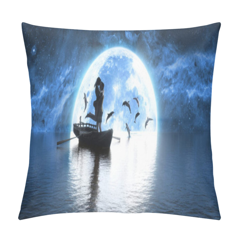 Personality  Man And Woman Kissing On The Background Of The Moon And Playing Dolphins, 3d Illustration Pillow Covers