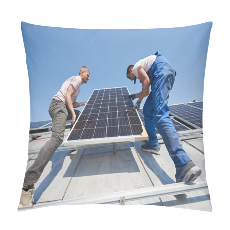 Personality  Electricians Lifting Blue Solar Module On Roof Of Modern House Pillow Covers