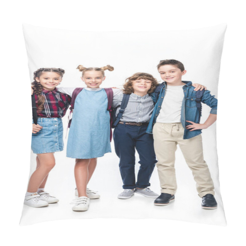 Personality  Schoolchildren Hugging And Looking At Camera Isolated On White  Pillow Covers