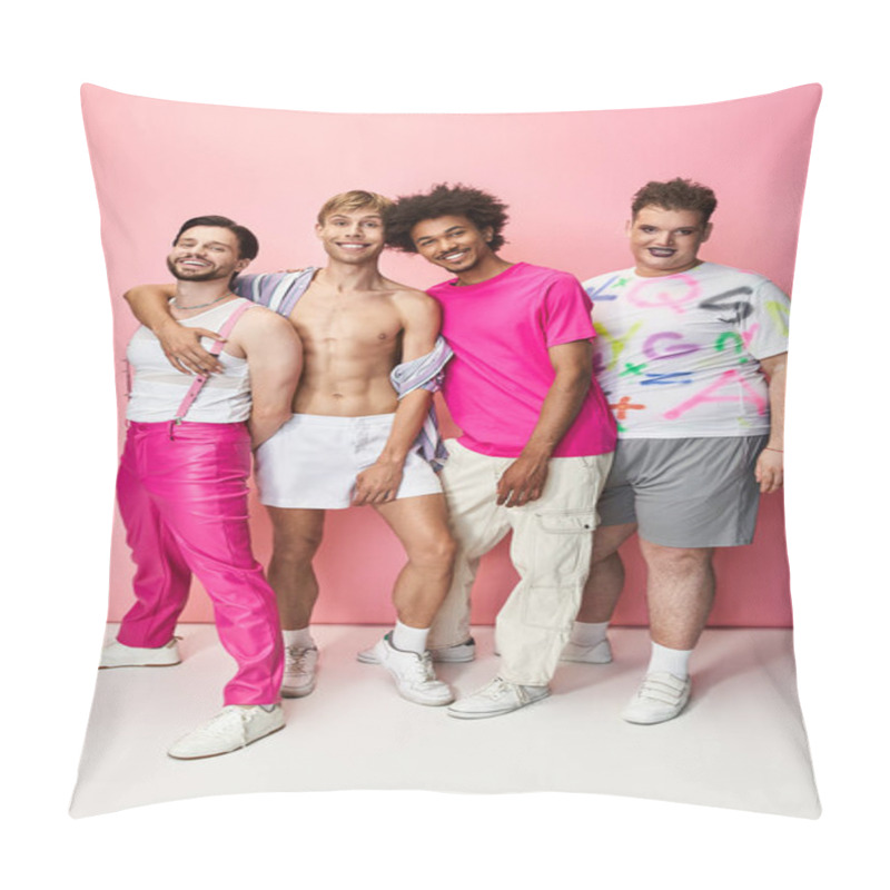 Personality  Four Queer Individuals Celebrate Pride In A Studio, Showcasing Their Vibrant Outfits. Pillow Covers