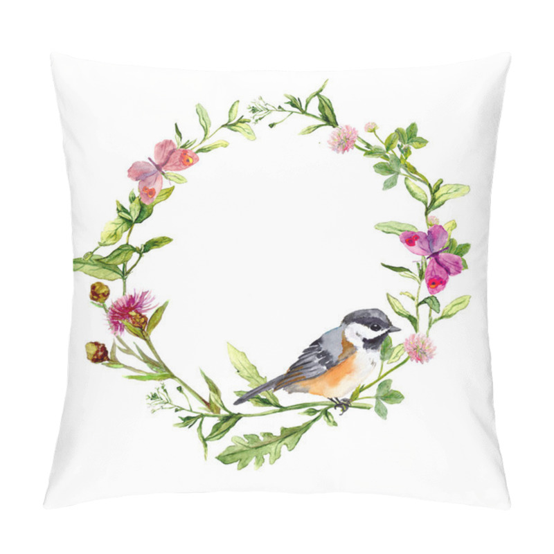 Personality  Retro Wreath Border Frame With Wild Herbs, Meadow Flowers, Bird And Butterflies. Vintage Watercolor Pillow Covers