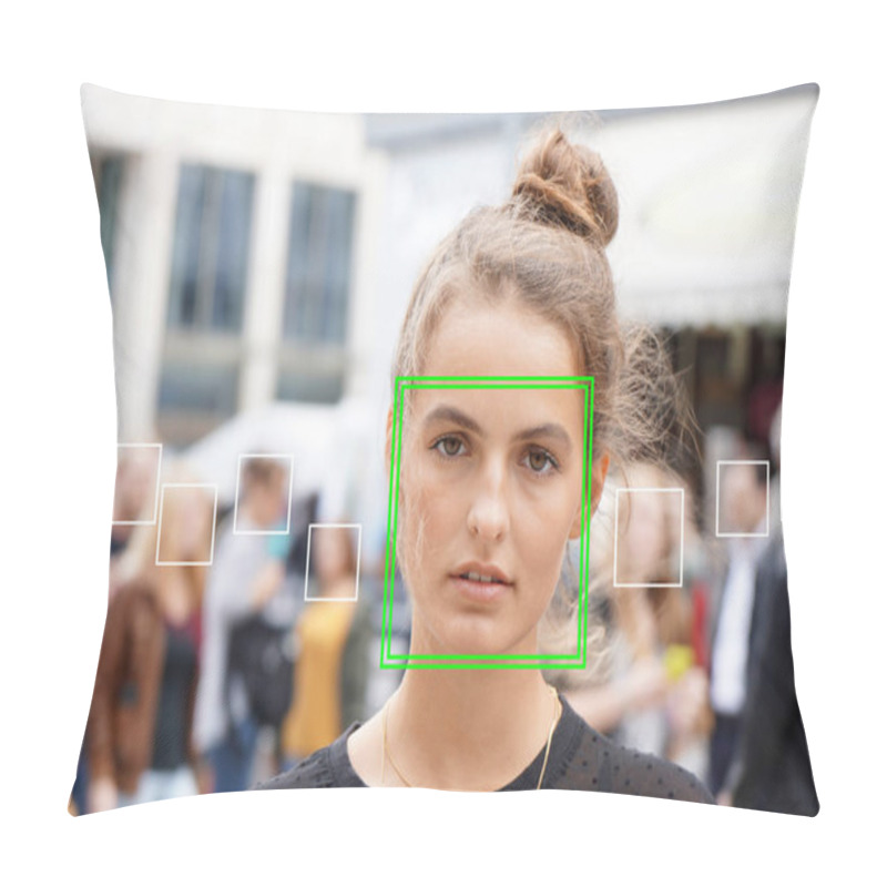 Personality  Young Woman Picked Out By Face Detection Or Facial Recognition Software Pillow Covers