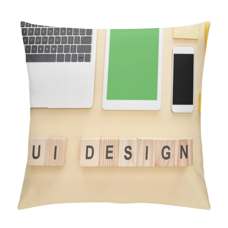 Personality  Flat Lay With Gadgets And Wooden Blocks With Ui Design Lettering On Yellow Background Pillow Covers