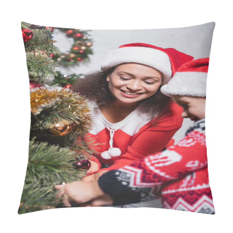 Personality  Selective Focus Of Mother Decorating Pine Near Daughter Pillow Covers