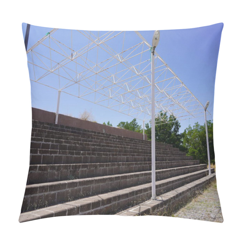 Personality  Modern Minimalism: A Steel Canopy Over Brick Stairs, Symbolizing Support And Progress Under An Open Sky Pillow Covers