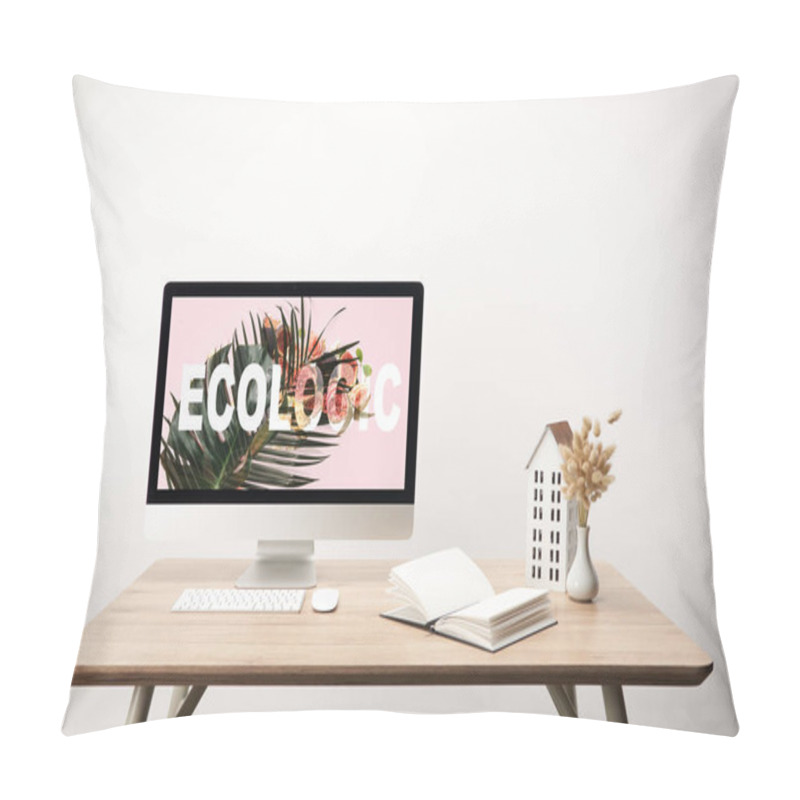 Personality  Computer With Green Leaf And Ecologic Lettering On Monitor On Wooden Desk Pillow Covers