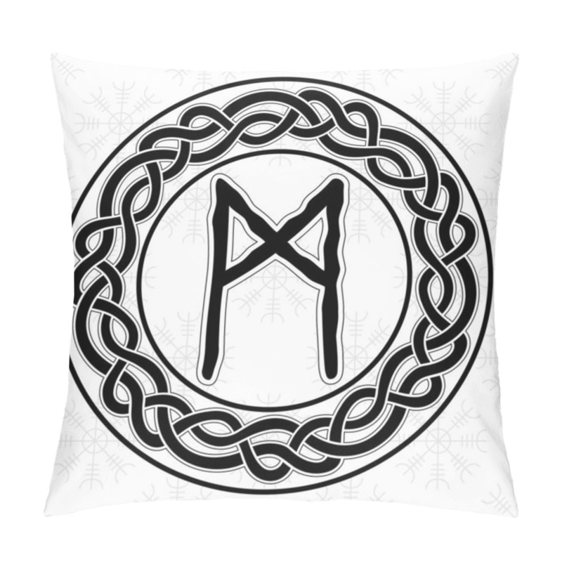 Personality  Rune Mannaz In A Circle - An Ancient Scandinavian Symbol Or Sign, Amulet. Viking Writing. Hand Drawn Outline Vector Illustration For Websites, Games, Print And Engraving. Pillow Covers