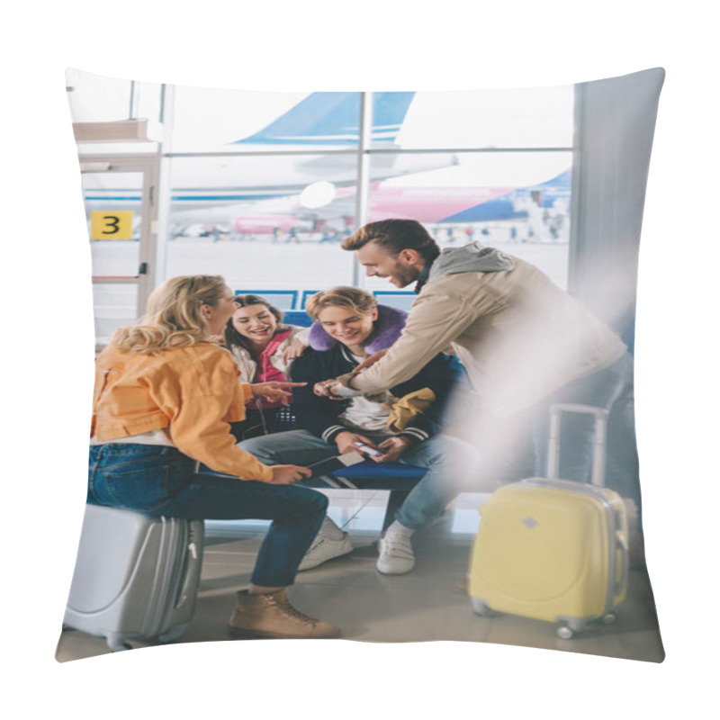 Personality  Friends Checking Time While Waiting With Luggage In Airport Terminal Pillow Covers