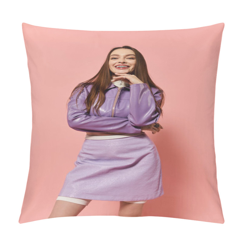 Personality  A Stunning Woman Displays Her Vibrant Style And Confidence Against A Pink Backdrop. Pillow Covers