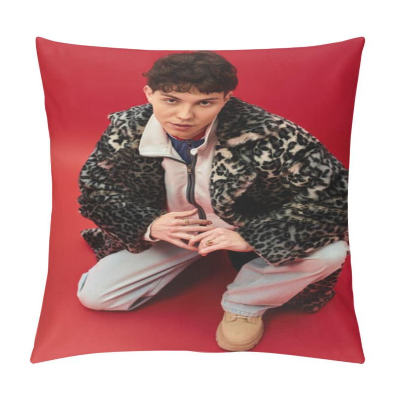 Personality  A Fashionable Man Kneels Gracefully In A Contemporary Setting, Showcasing Bold Style And Flair. Pillow Covers