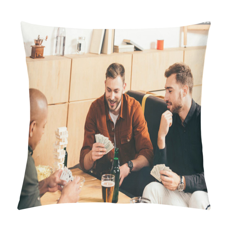 Personality  Multicultural Men Playing Cards While Spending Time Together In Cafe Pillow Covers