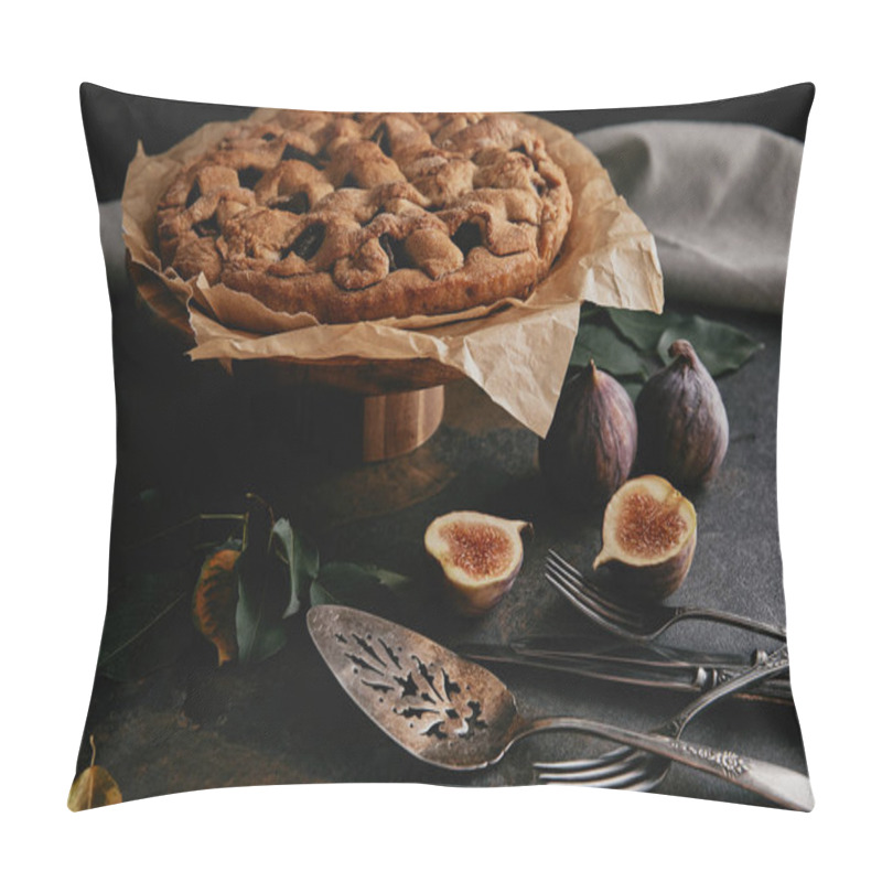 Personality  Close Up View Of Homemade Pie On Baking Paper, Antique Cutlery And Fresh Figs On Dark Tabletop Pillow Covers