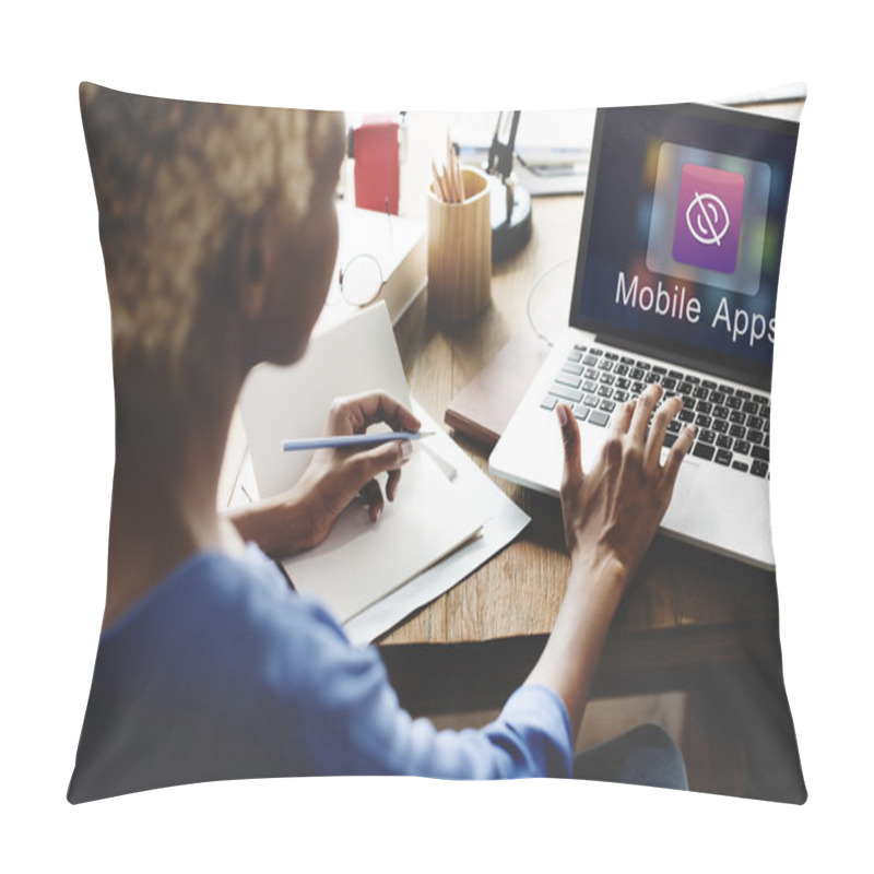 Personality  Woman Working On Laptop With Mobile Apps Pillow Covers