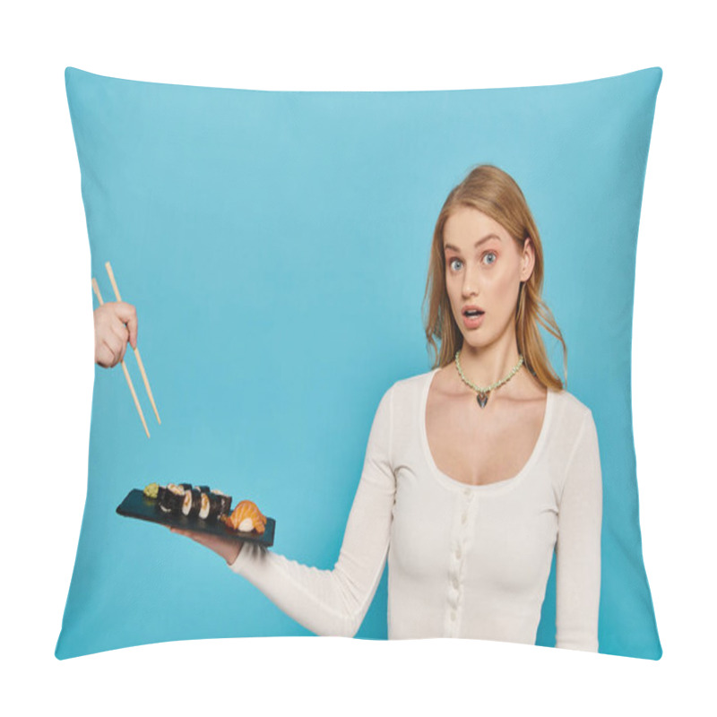 Personality  Blonde Woman Gracefully Holding A Plate Of Sushi And Chopsticks, Showcasing Culinary Delight And Cultural Appreciation. Pillow Covers