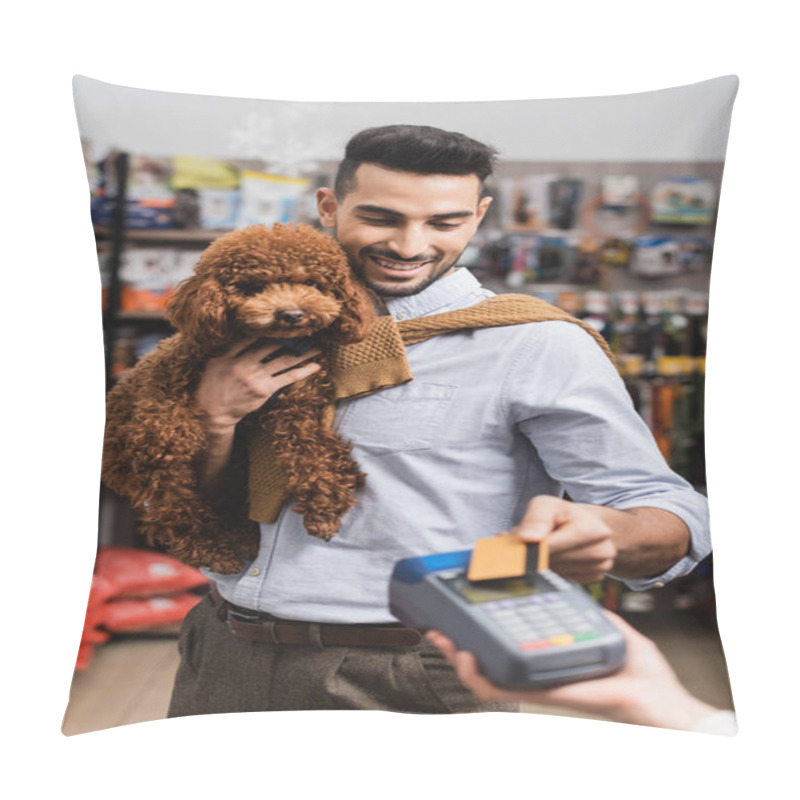 Personality  Cheerful Muslim Man Holding Poodle And Paying With Credit Card Near Seller In Pet Shop  Pillow Covers