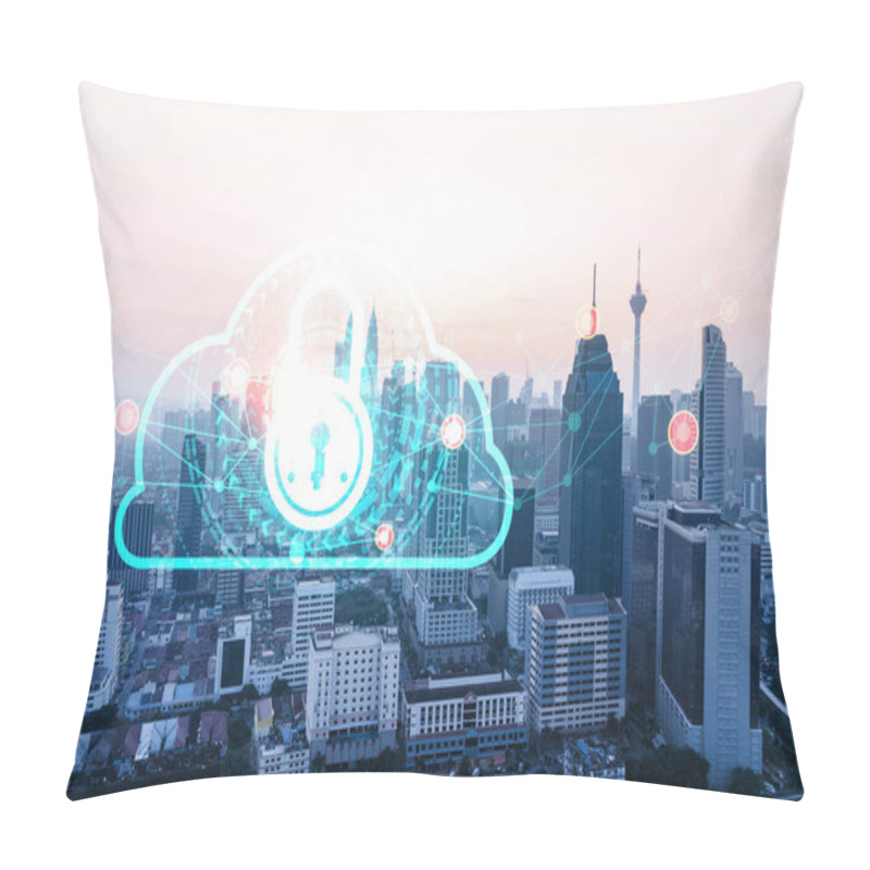 Personality  Hologram Of Padlock On Sunset Panoramic Cityscape Of Kuala Lumpur, Malaysia, Asia. The Concept Of Cyber Security Intelligence In KL. Multi Exposure. Pillow Covers