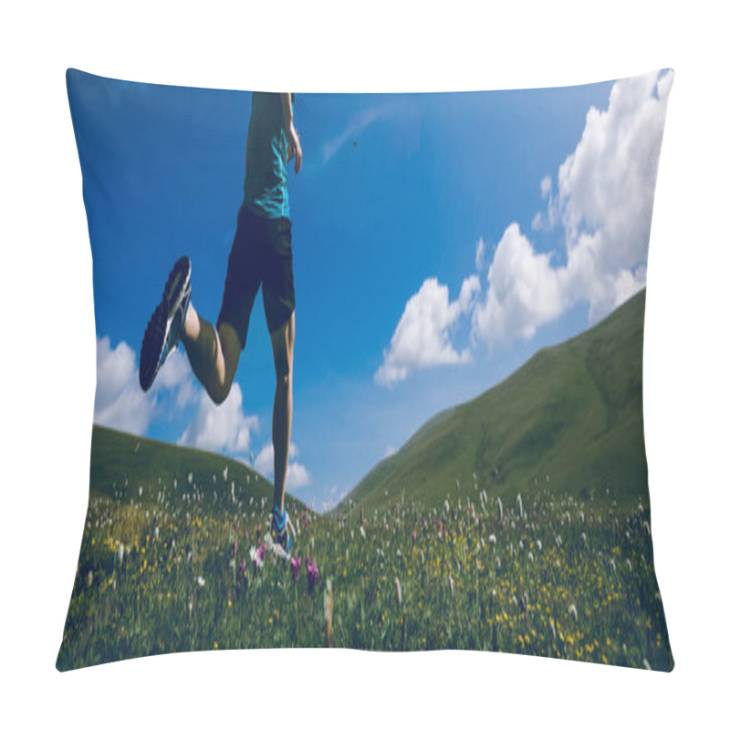 Personality  Woman Trail Runner Running Up On Grassland In Mountains Pillow Covers