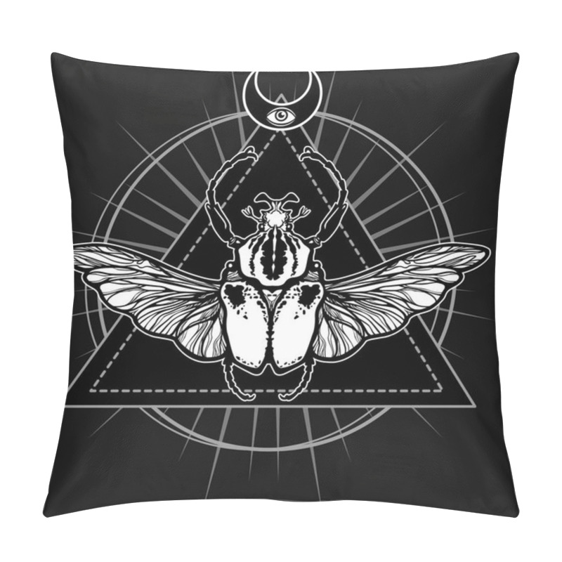 Personality  Winged Bug. Esoteric Symbol, Sacred Geometry. Sign Of The Moon. Monochrome Drawing Isolated On A Black Background. Vector Illustration. Print, Posters, T-shirt, Textiles. Pillow Covers