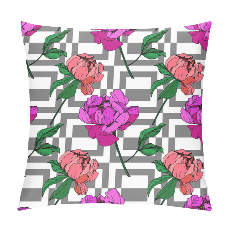 Personality  Vector Purple And Living Coral Peonies Illustration With Geometrical Ornament. Engraved Ink Art. Seamless Background Pattern. Fabric Wallpaper Print Texture. Pillow Covers