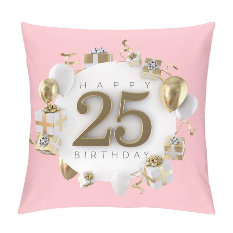 Personality  Happy 25th Birthday Party Composition With Balloons And Presents. 3D Render Pillow Covers