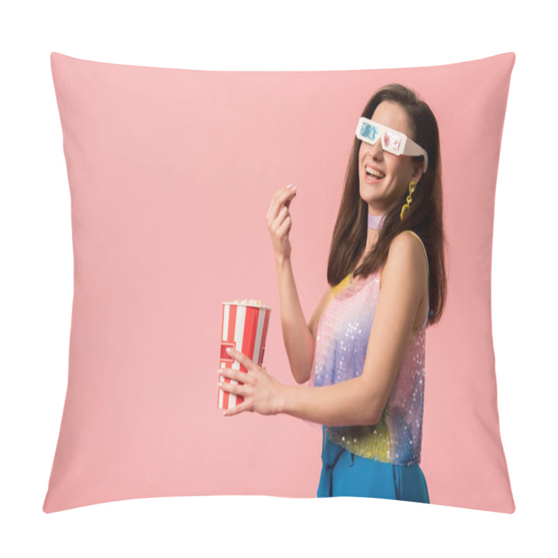 Personality  Side View Of Happy Young Stylish Disco Girl In 3d Glasses Eating Popcorn Isolated On Pink Pillow Covers