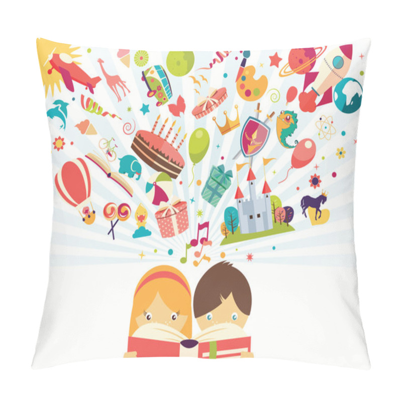 Personality  Imagination Concept, Boy And Girl Reading A Book Objects Flying  Pillow Covers