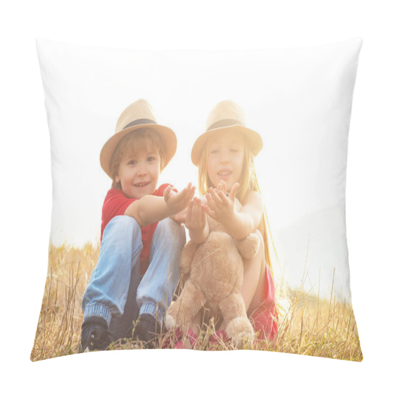 Personality  Children Farmer In The Farm With Countryside Background. Active Family Leisure With Kids. Springtime On The Ranch. Farming And Agriculture Cultivation. Eco Resort Activities. Pillow Covers