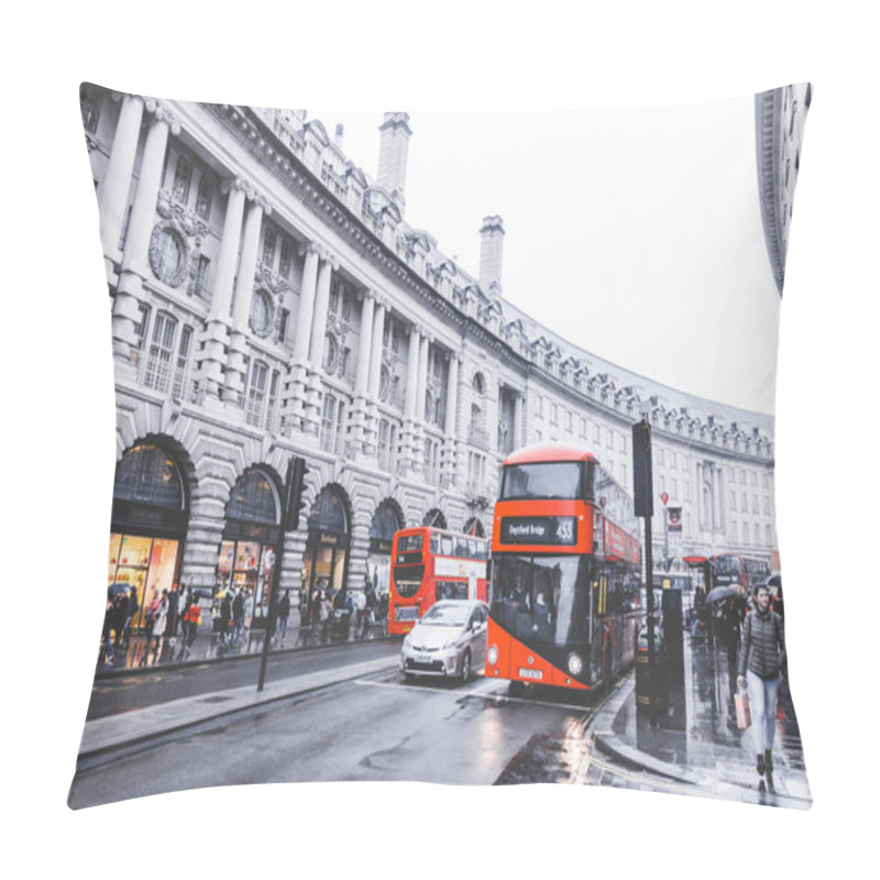 Personality  Brighton, England-18 October,2018: People And Traffic In Piccadilly Circus In London. Famous Place For Shopping And Travel With Classic Red Double Decker Bus In The Rainy Season. Pillow Covers