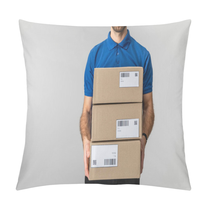 Personality  Cropped View Of Delivery Man Holding Cardboard Packages With Qr Codes And Barcodes On Cards Isolated On Grey Pillow Covers