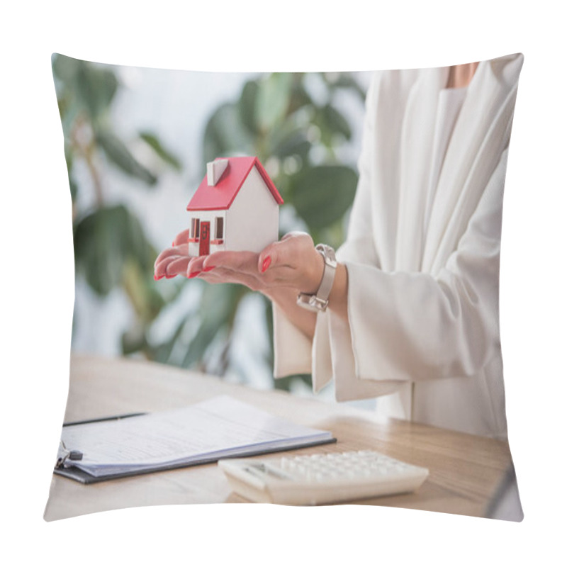 Personality  Partial View Of Businesswoman Holding House Model Near Clipboard And Calculator Pillow Covers