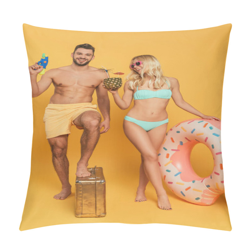 Personality  Happy Girl With Inflatable Ring And Pineapple With Cocktail, And Handsome Man With Water Gun Stepping On Vintage Suitcase On Yellow Background Pillow Covers