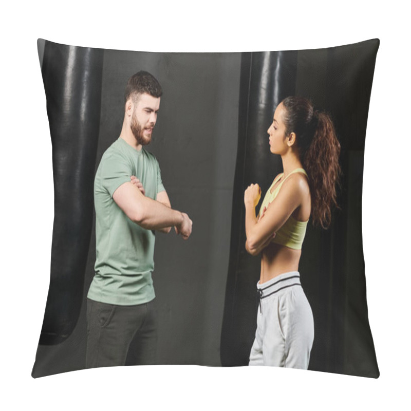 Personality  Male Trainer Teaches Self-defense Techniques To Woman In Gym. Pillow Covers