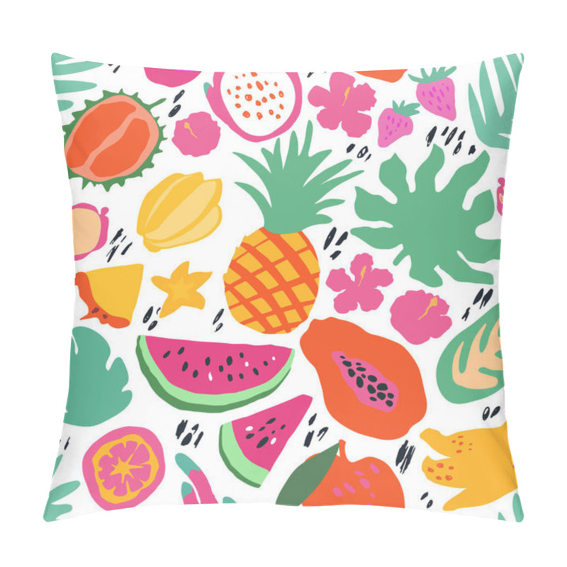 Personality  Minimal Summer Trendy Vector Tile Seamless Pattern In Scandinavian Style. Exotic Fruit Slice, Palm Leaf, Hibiscus And Dots. Textile Fabric Swimwear Graphic Design For Print Isolated On White. Pillow Covers