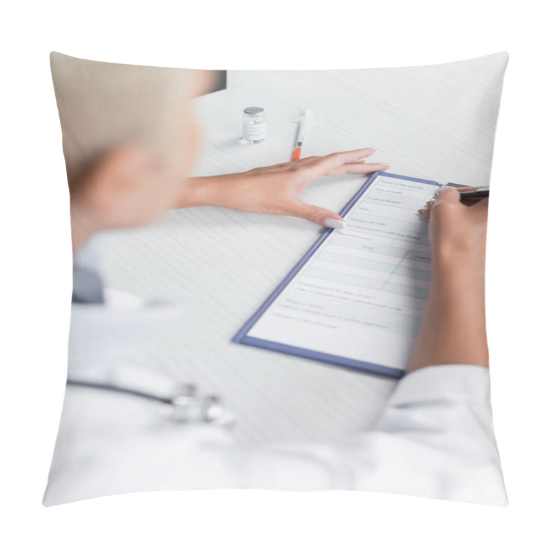 Personality  High Angle View Of Blurred Doctor Writing Prescription Near Syringe On Desk  Pillow Covers