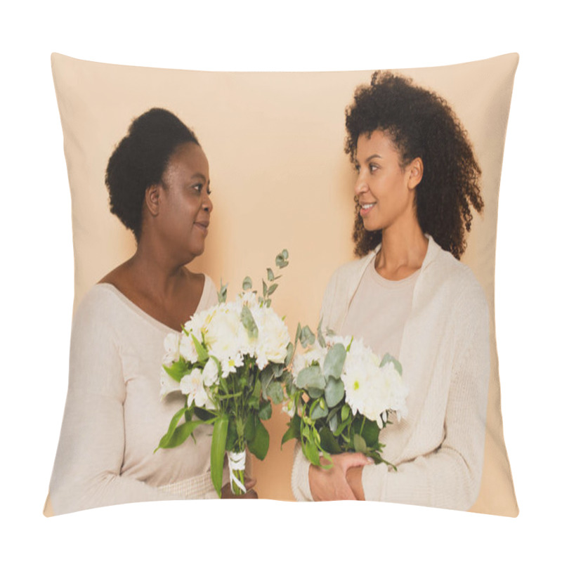 Personality  African American Middle Aged Mother And Adult Daughter Looking At Each Other With Bouquets Of Flowers On Beige Background Pillow Covers