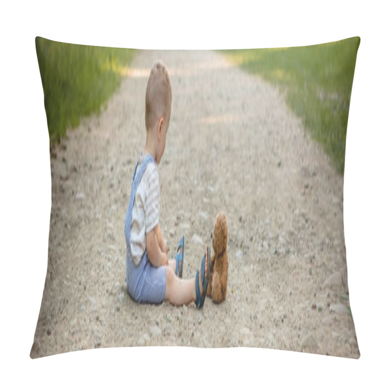 Personality  Little Boy Playing With Teddy Bear On The Footpath. Pillow Covers