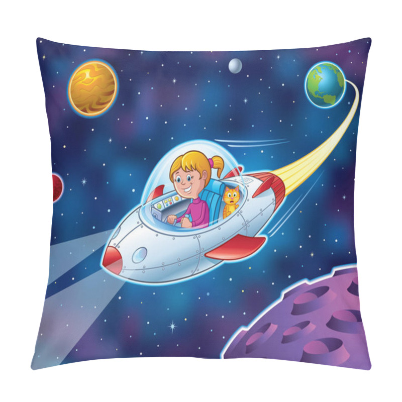 Personality  Girl Flying In Spaceship With Cat In Outer Space Pillow Covers