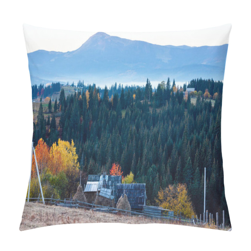 Personality  Early Morning Misty Autumn Carpathian Mountain Village, Ukraine. Pillow Covers