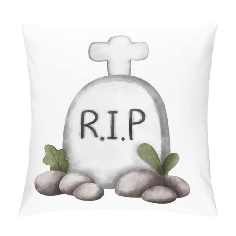 Personality  Watercolor Halloween Graveyard With Stone And Leaves.Halloween Graveyard Illustration Isolated On White Background. Halloween Decoration,greeting Cards,postcards. Pillow Covers