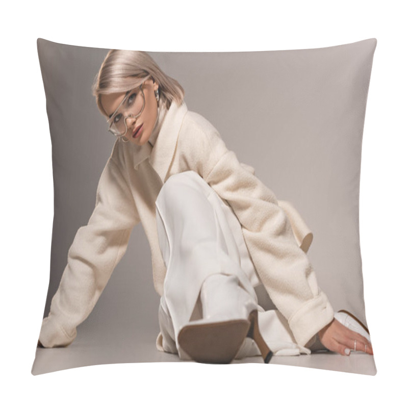 Personality  Attractive Woman In White Coat And Trousers Looking At Camera On Grey Background  Pillow Covers