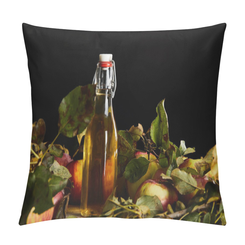 Personality  Bottle Of Fresh Cider Near Ripe Apples And Leaves Isolated On Black Pillow Covers