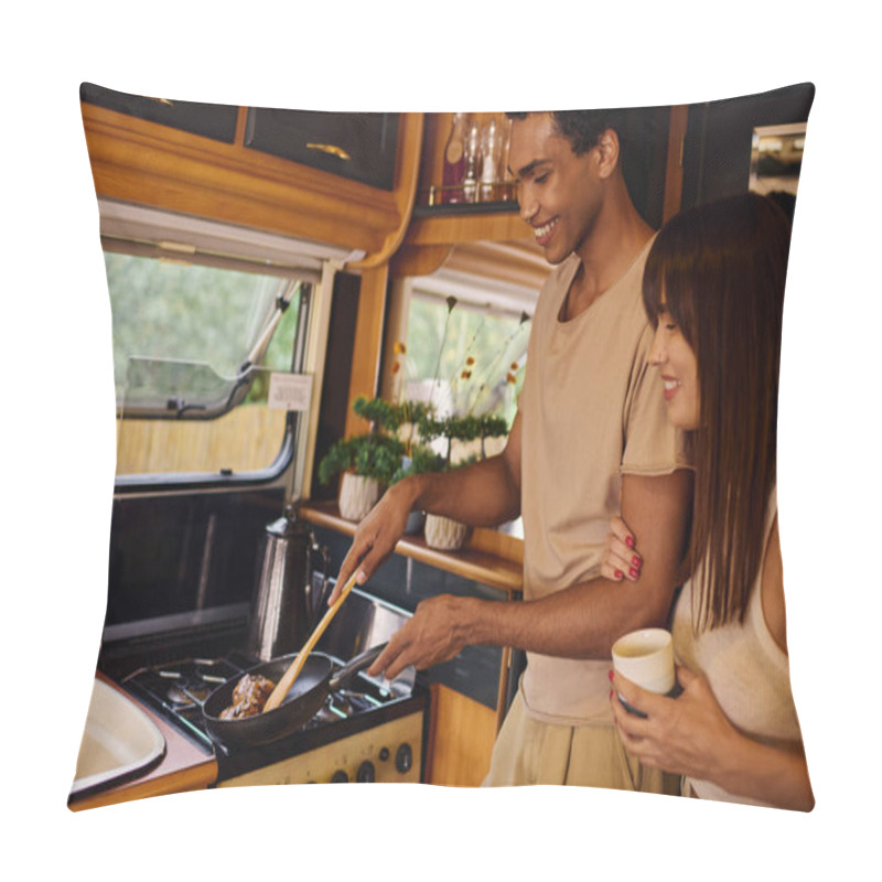 Personality  An Interracial Couple Cooking In Their Camper, Preparing A Meal Together In The Cozy Confines Of Their Mobile Kitchen. Pillow Covers