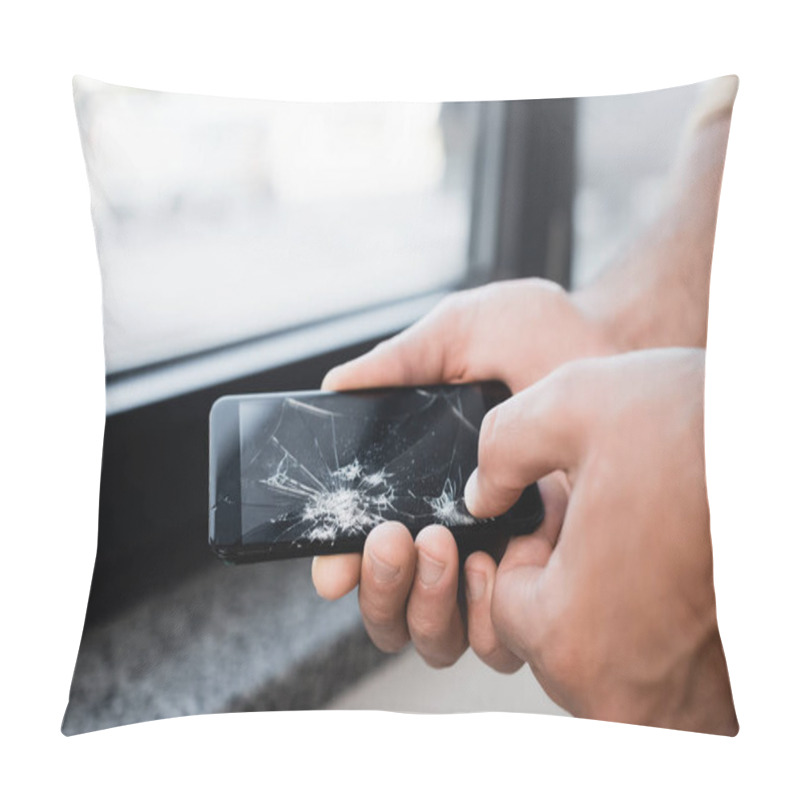 Personality  Cropped View Of Businessman Touching Smashed Touchscreen Of Smartphone With Big Finger On Blurred Background Pillow Covers