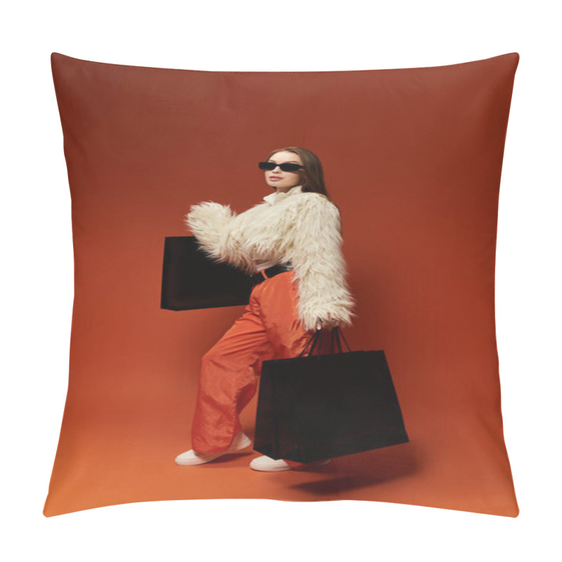 Personality  A Fashionable Woman Showcases Her Vibrant Style While Holding Shopping Bags, Radiating Confidence. Pillow Covers