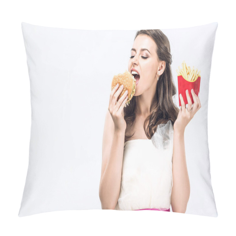 Personality  Hangry Young Bride In Wedding Dress Eating Burger And French Fries Isolated On White Pillow Covers