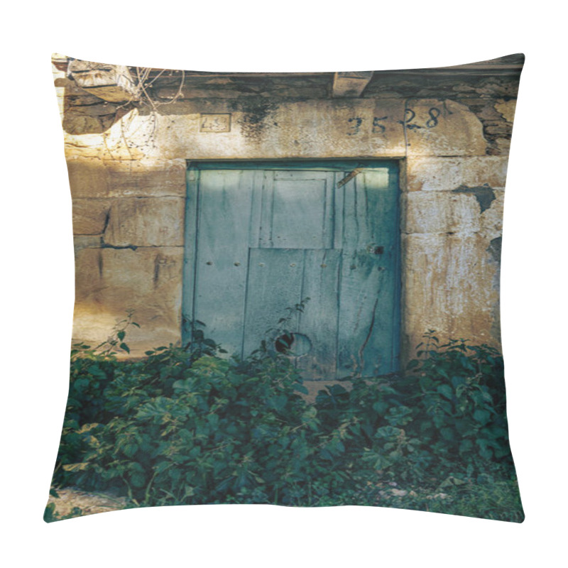 Personality  A Weathered Green Wooden Door Set In A Rustic Stone Wall, Surrounded By Overgrown Plants, Illuminated By Warm Sunlight In A Quiet Village. Pillow Covers