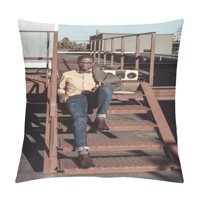 Personality  Fashionable Man Sitting On Stairs Pillow Covers