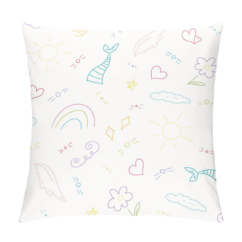 Personality  Seamless Pattern Of Different Doodle Drawings In Cute Childish Style. Wing, Mermaid Tail, Sun, Rainbow, Flower, Heart, Cloud, Star, Crown Doodle Shapes. Vector Illustration Pillow Covers