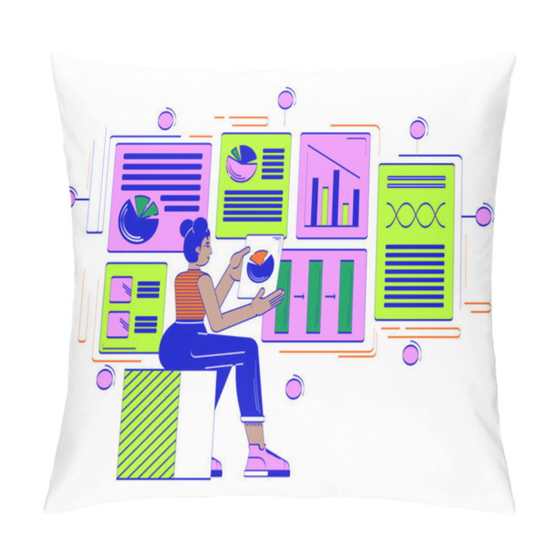 Personality  Data-driven Product Management Doodle Illustration Concept. Business Analyst With Charts. Project Manager African American Woman Cartoon 2D Character Isolated On White. Hand Drawn Vector Drawing Pillow Covers