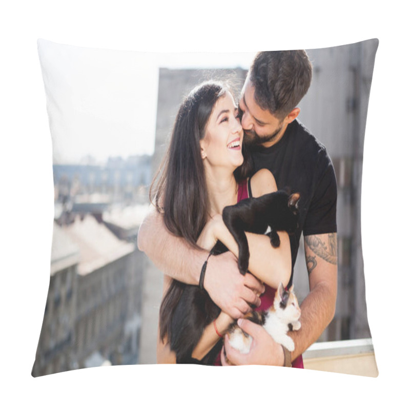 Personality  Young Couple Holding Cats In Hands On The Terrace Pillow Covers